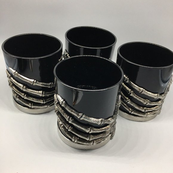 x4 Halloween Skeleton Hand Black Glass Set Silver Bones Double Old Fashioned